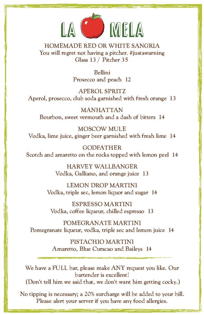 La Mela Menu La Mela Ristorante